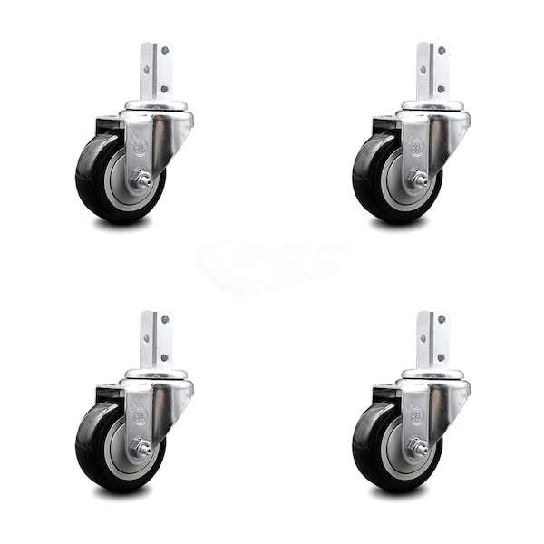 3 Inch Black Polyurethane Wheel Swivel 7/8 Inch Square Stem Caster Set SCC